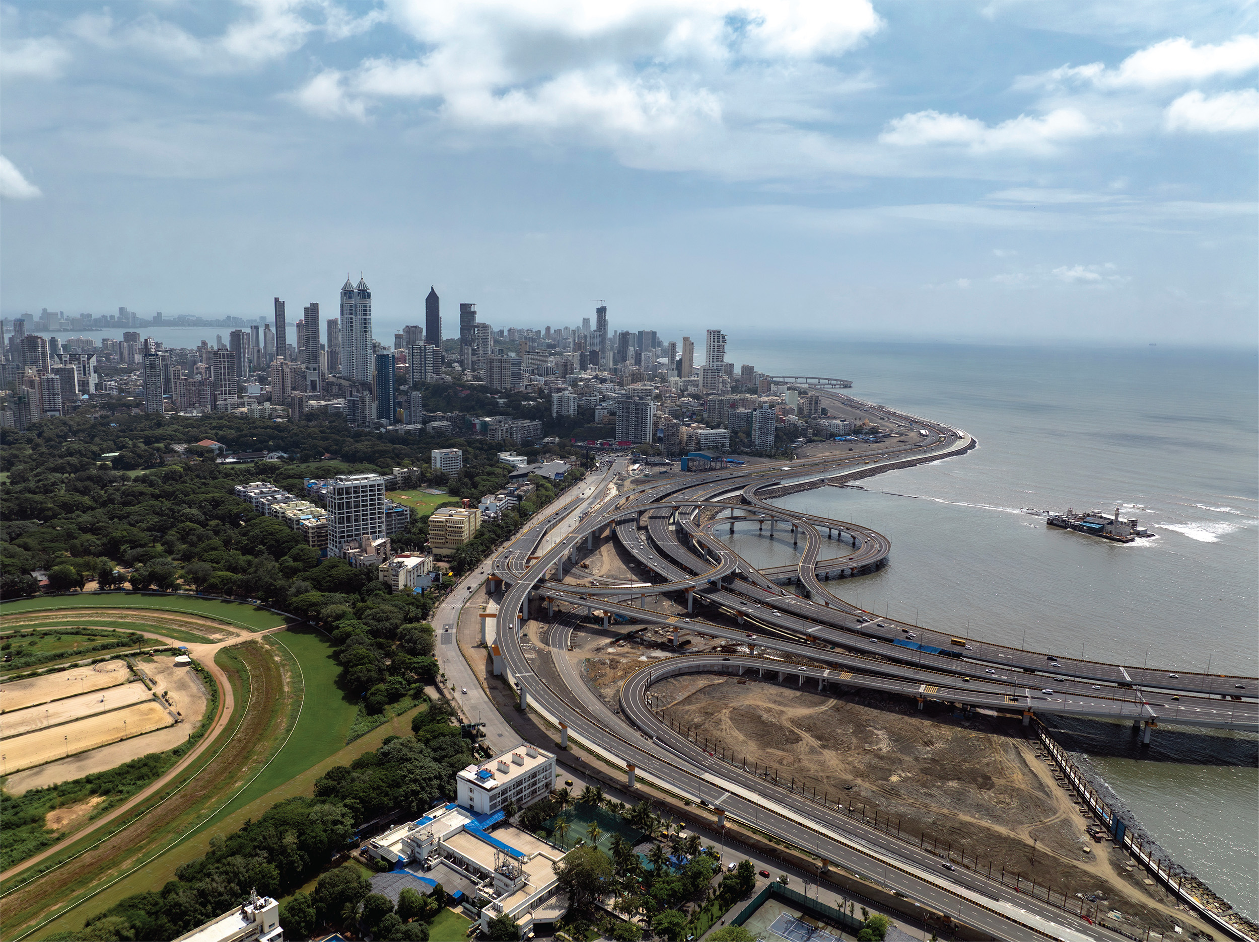 Mumbai Coastal Road interchange with the South Mumbai skyline
